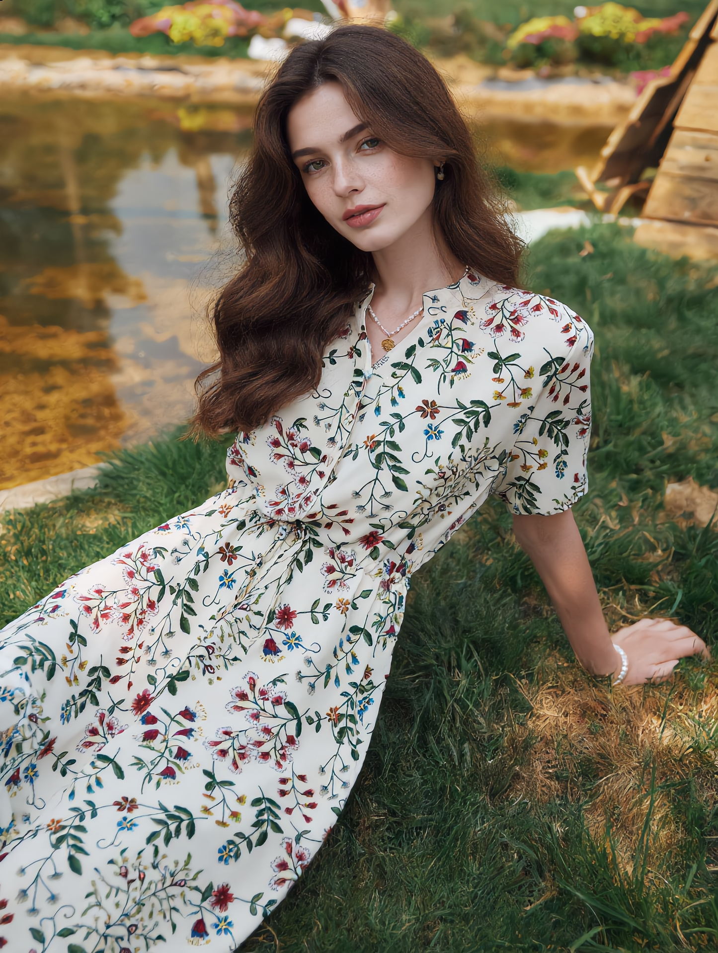 sabrina V-Neck Printed Drawstring Chiffon Dress