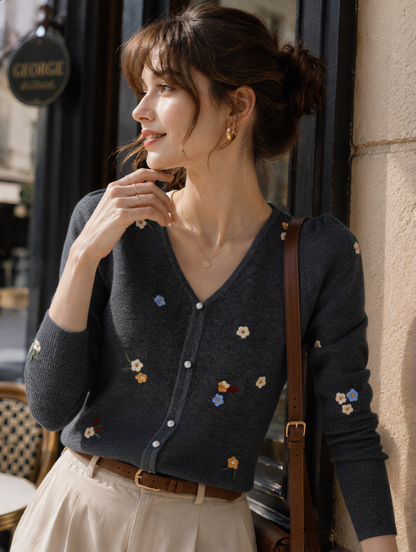 Alena Retro V-Neck Embroidered Sweater