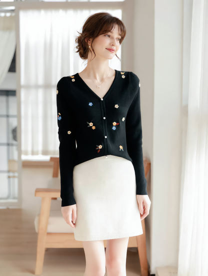 Alena Retro V-Neck Embroidered Sweater