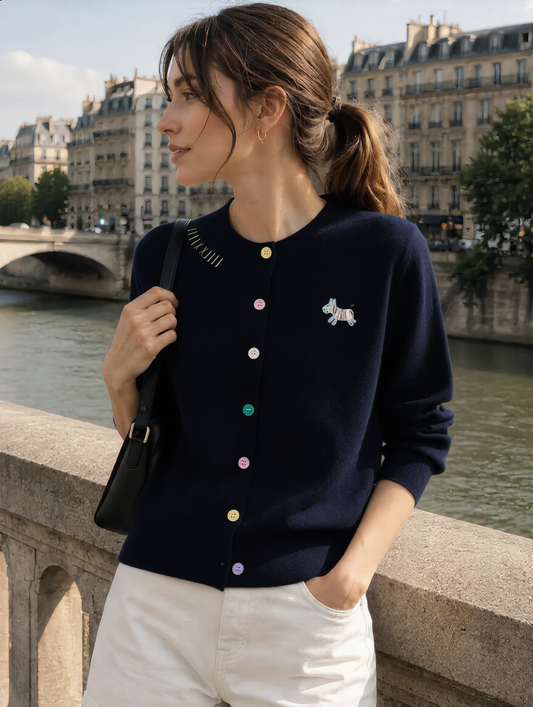 Camila Loose Embroidered Colorful Buttons Knitted Cardigan