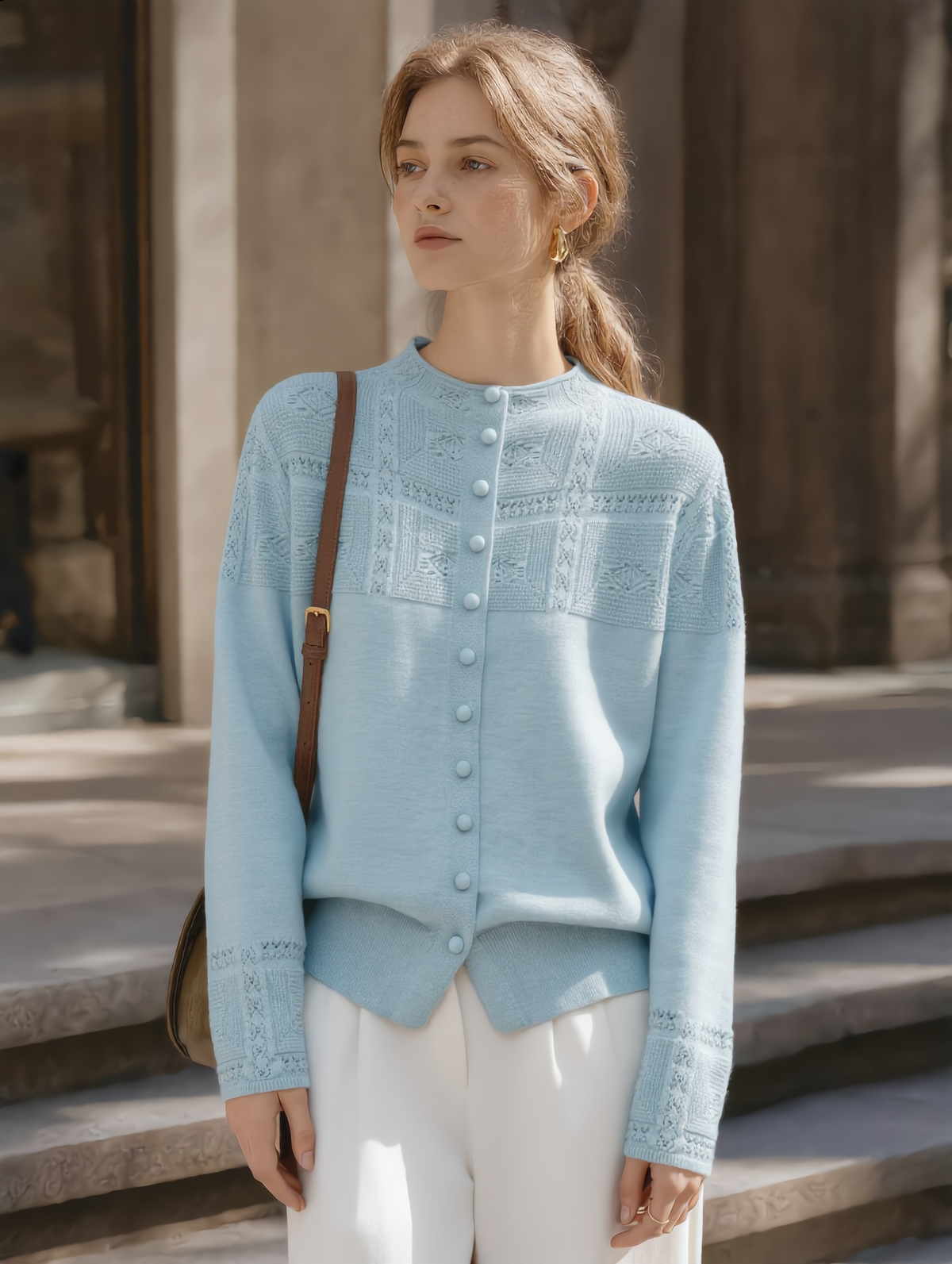 Openwork Crochet Mock-neck Knit Cardigan