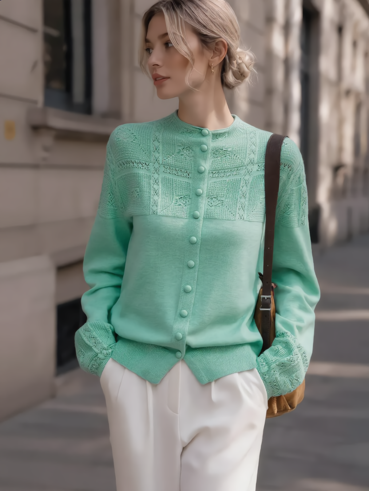 Openwork Crochet Mock-neck Knit Cardigan