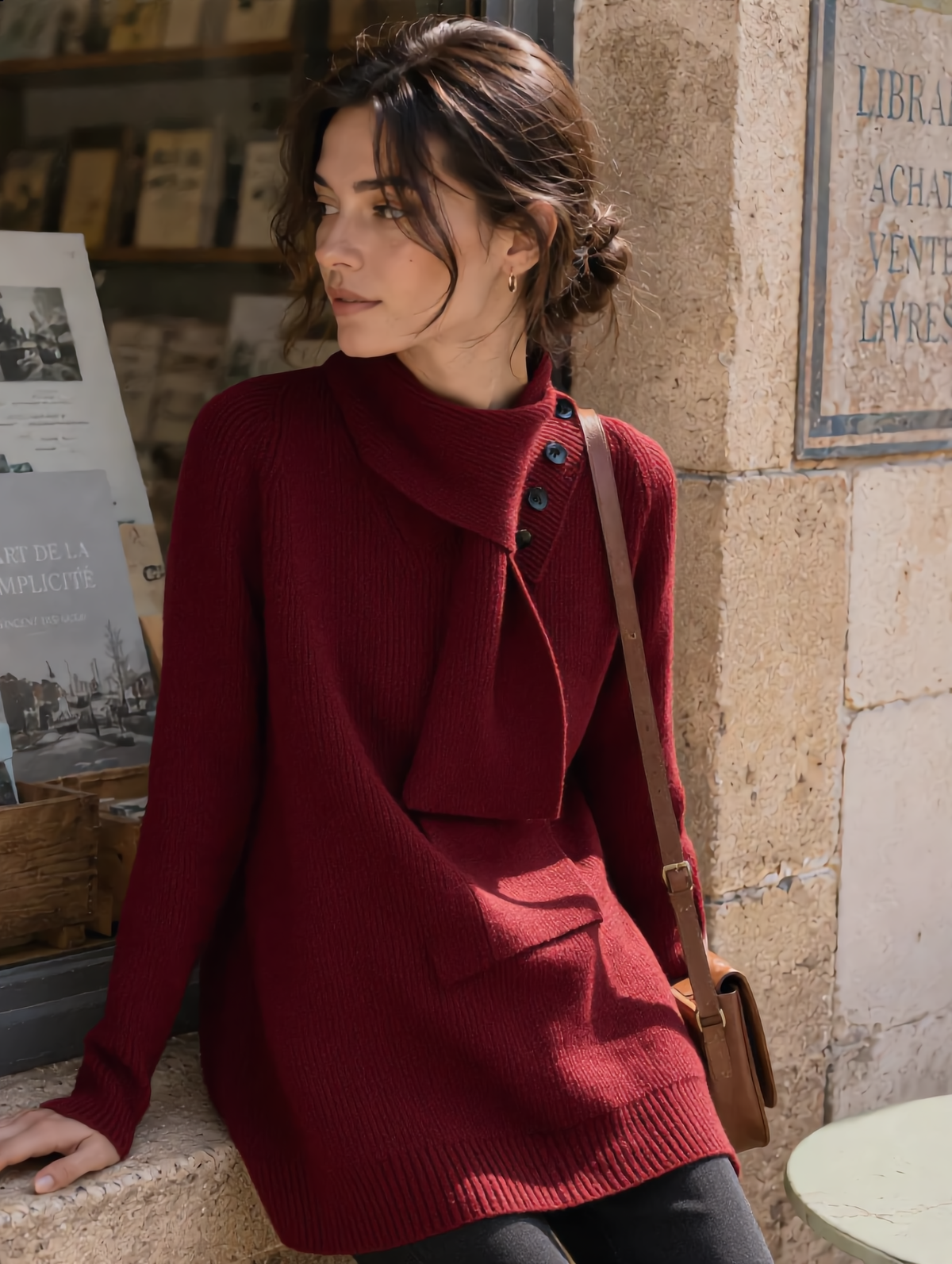 Maya Daily Button Scarf Solid Color Knitted Sweater