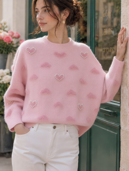 Alyssa Casual Hearted Pattern Knitted Sweater