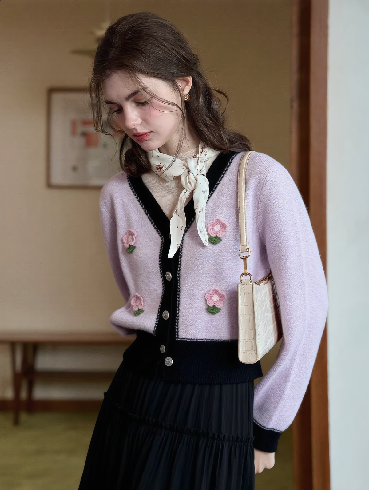 Color-blocked Floral Cardigan