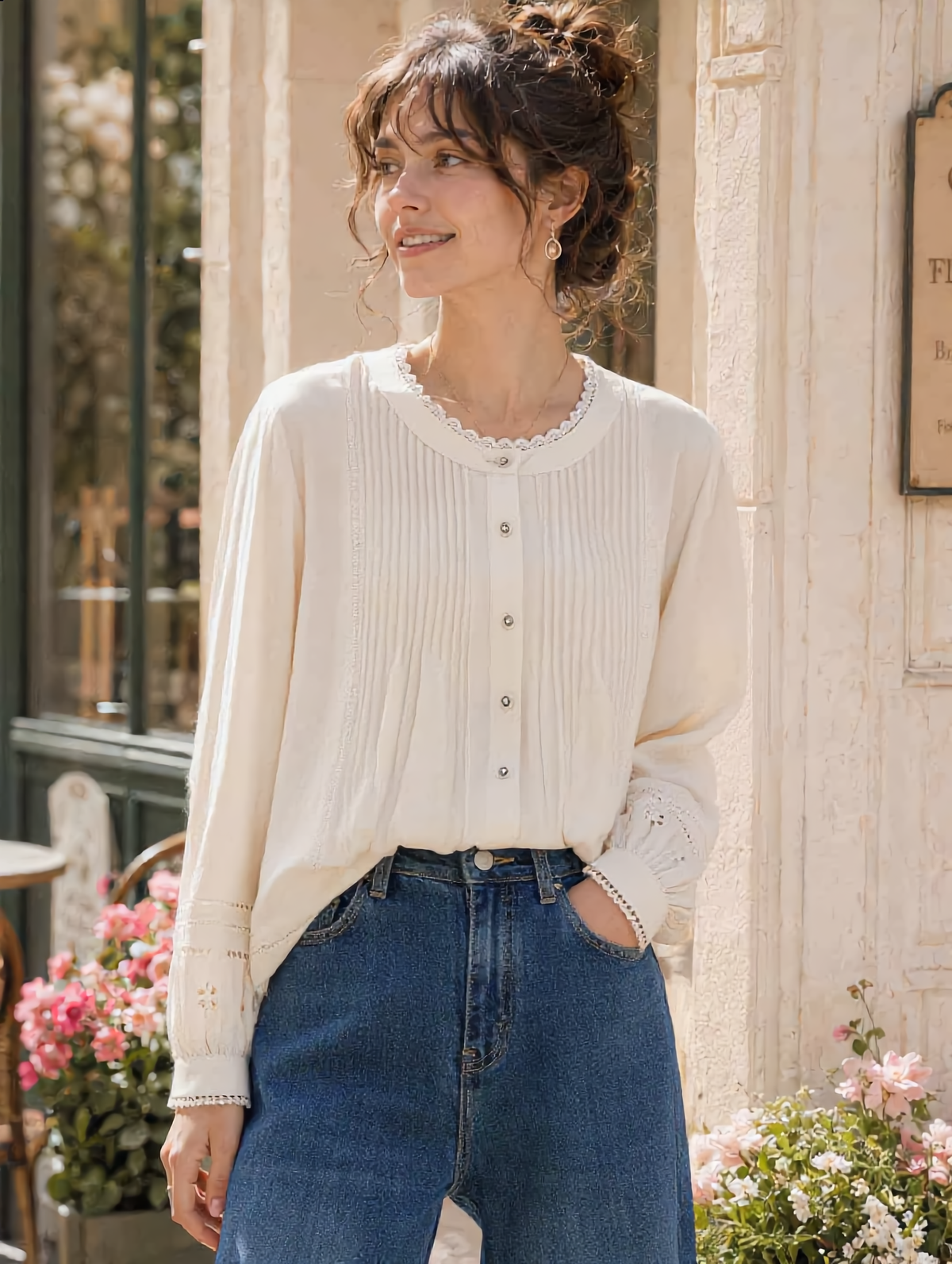 Madison Daily Crew Neck Crochet Accordion Pleated Top