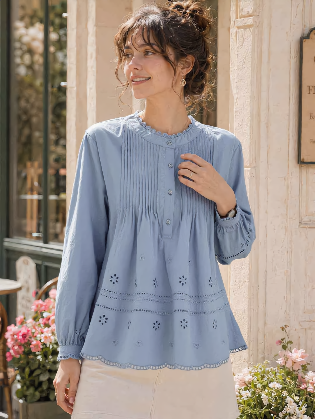 Madison Daily Crew Neck Crochet Accordion Pleated Top