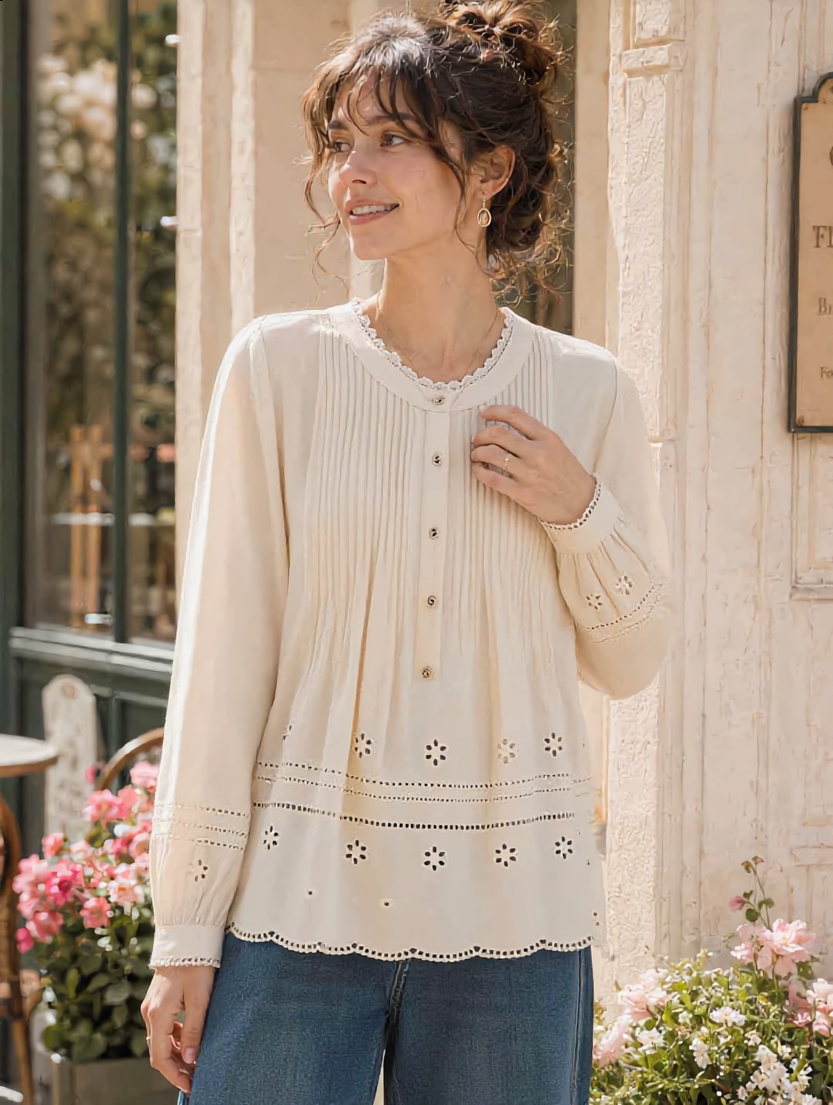 Madison Daily Crew Neck Crochet Accordion Pleated Top