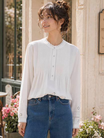 Madison Daily Crew Neck Crochet Accordion Pleated Top