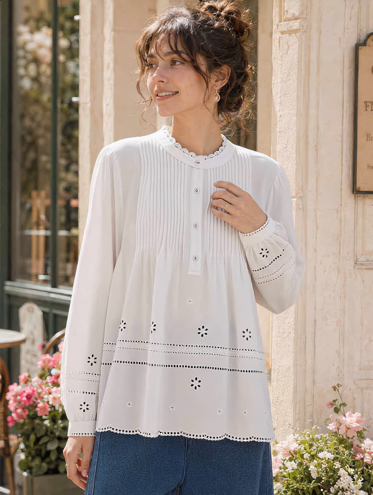 Madison Daily Crew Neck Crochet Accordion Pleated Top