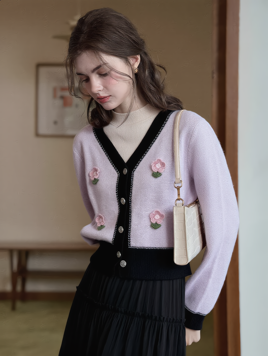 Color-blocked Floral Cardigan