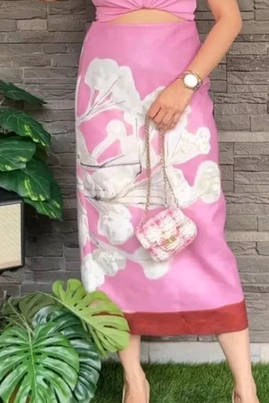 Floral print linen blend midi skirt - pink