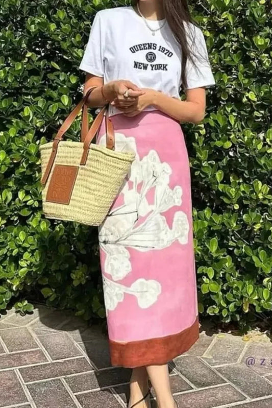 Floral print linen blend midi skirt - pink