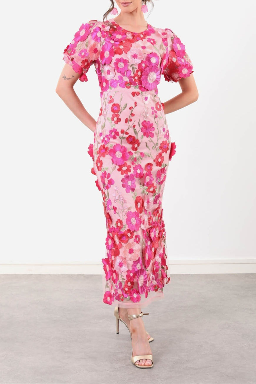 CAROL PUFF SLEEVE ROSE RED FLORAL EMBROIDERY FISHTAIL MIDI DRESS
