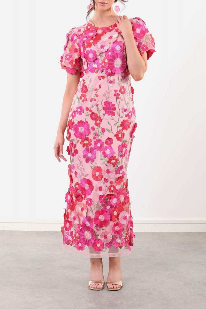 CAROL PUFF SLEEVE ROSE RED FLORAL EMBROIDERY FISHTAIL MIDI DRESS