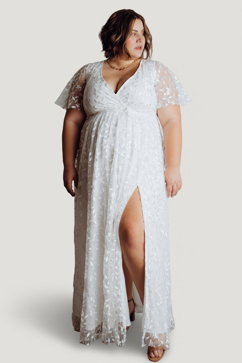 Marseille v-neck lace Embossed high slit Maxi Dress | White