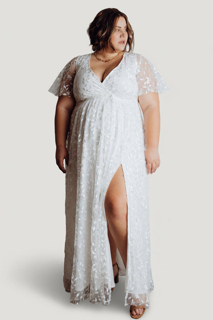 Marseille v-neck lace Embossed high slit Maxi Dress | White