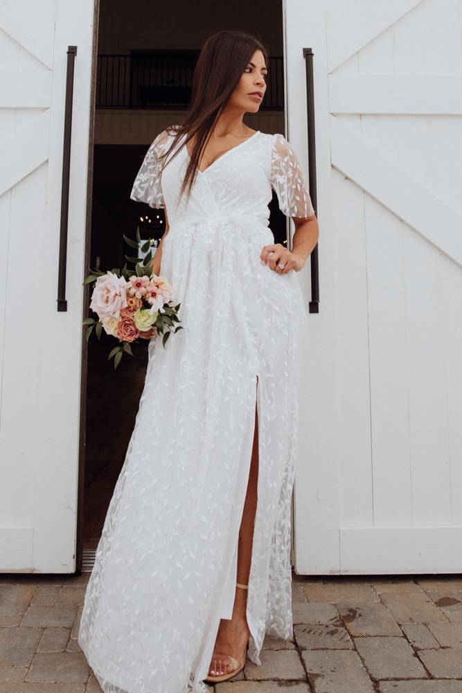 Marseille v-neck lace Embossed high slit Maxi Dress | White