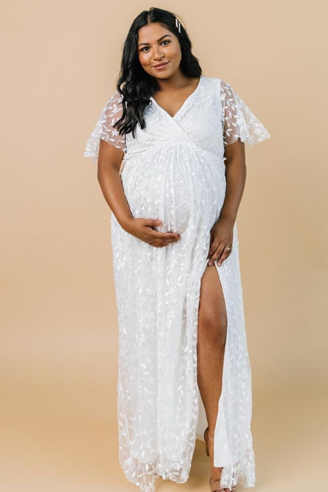 Marseille v-neck lace Embossed high slit Maxi Dress | White