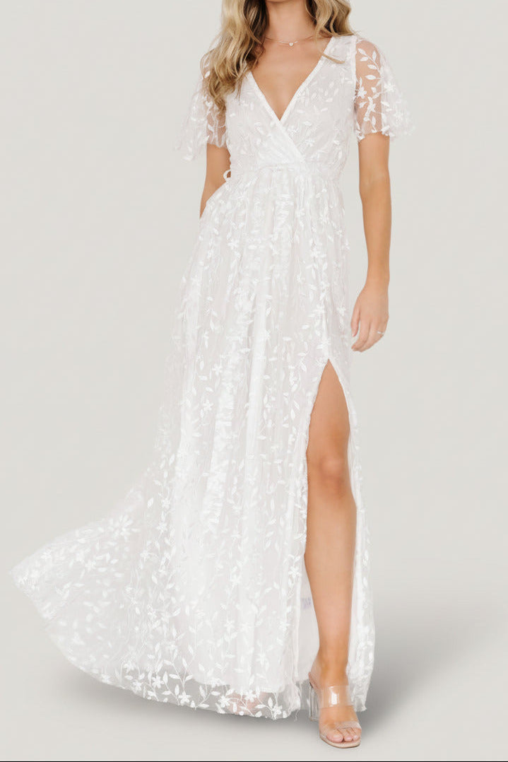 Marseille v-neck lace Embossed high slit Maxi Dress | White