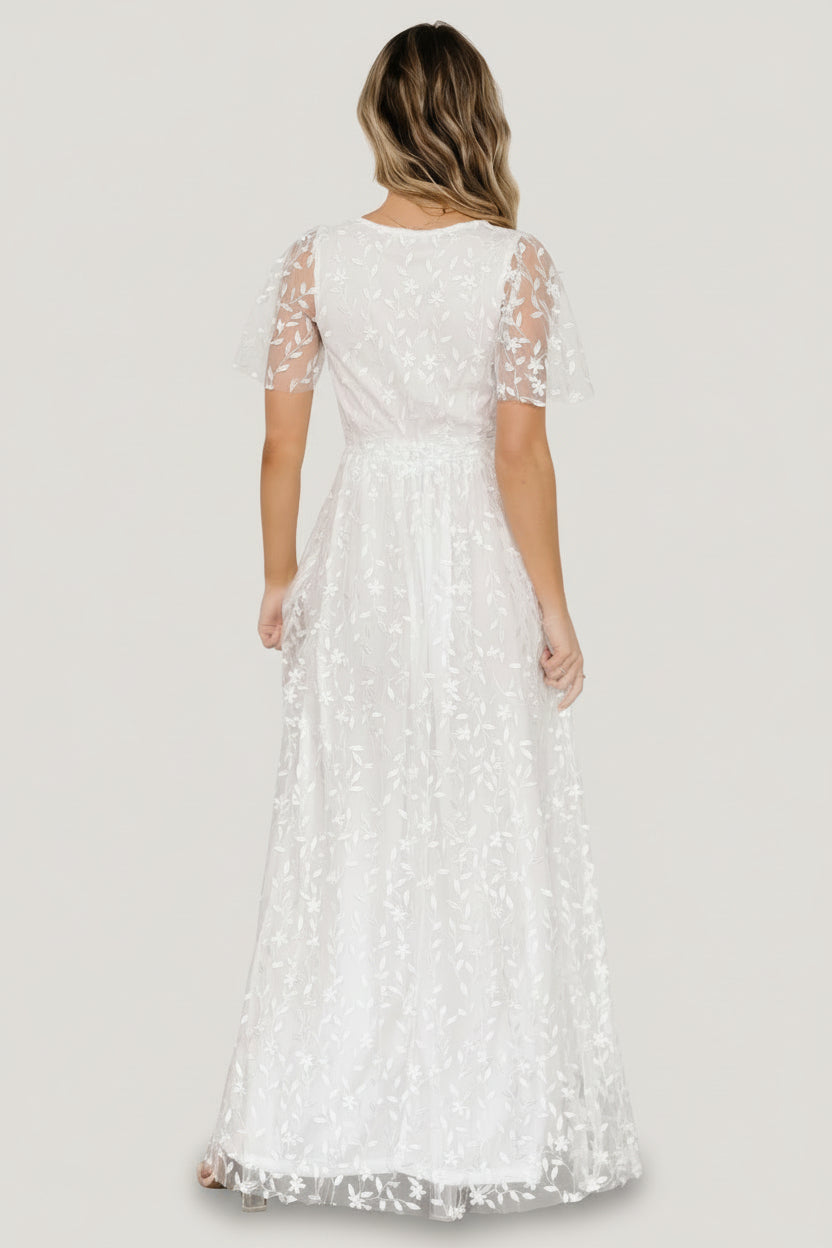 Marseille v-neck lace Embossed high slit Maxi Dress | White