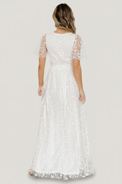 Marseille v-neck lace Embossed high slit Maxi Dress | White