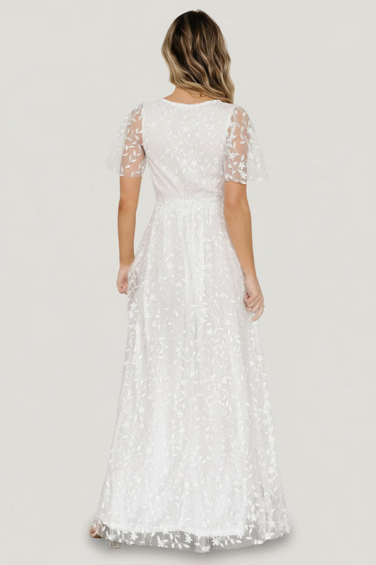 Marseille v-neck lace Embossed high slit Maxi Dress | White