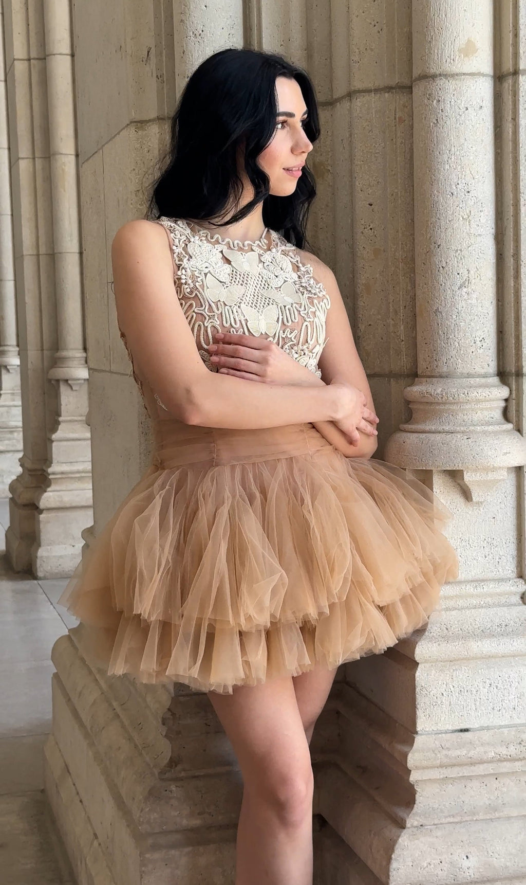 Ballerina |  Beige Tulle Mini Dress with 3D Applique