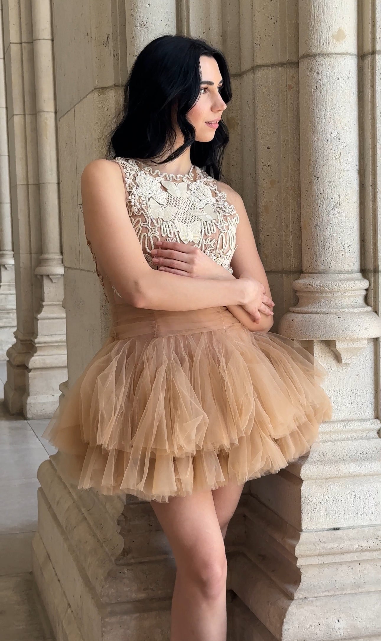Ballerina |  Beige Tulle Mini Dress with 3D Applique