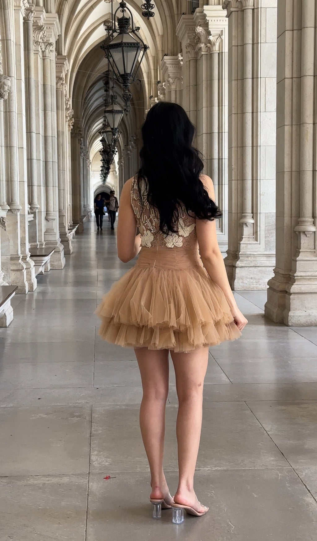 Ballerina |  Beige Tulle Mini Dress with 3D Applique