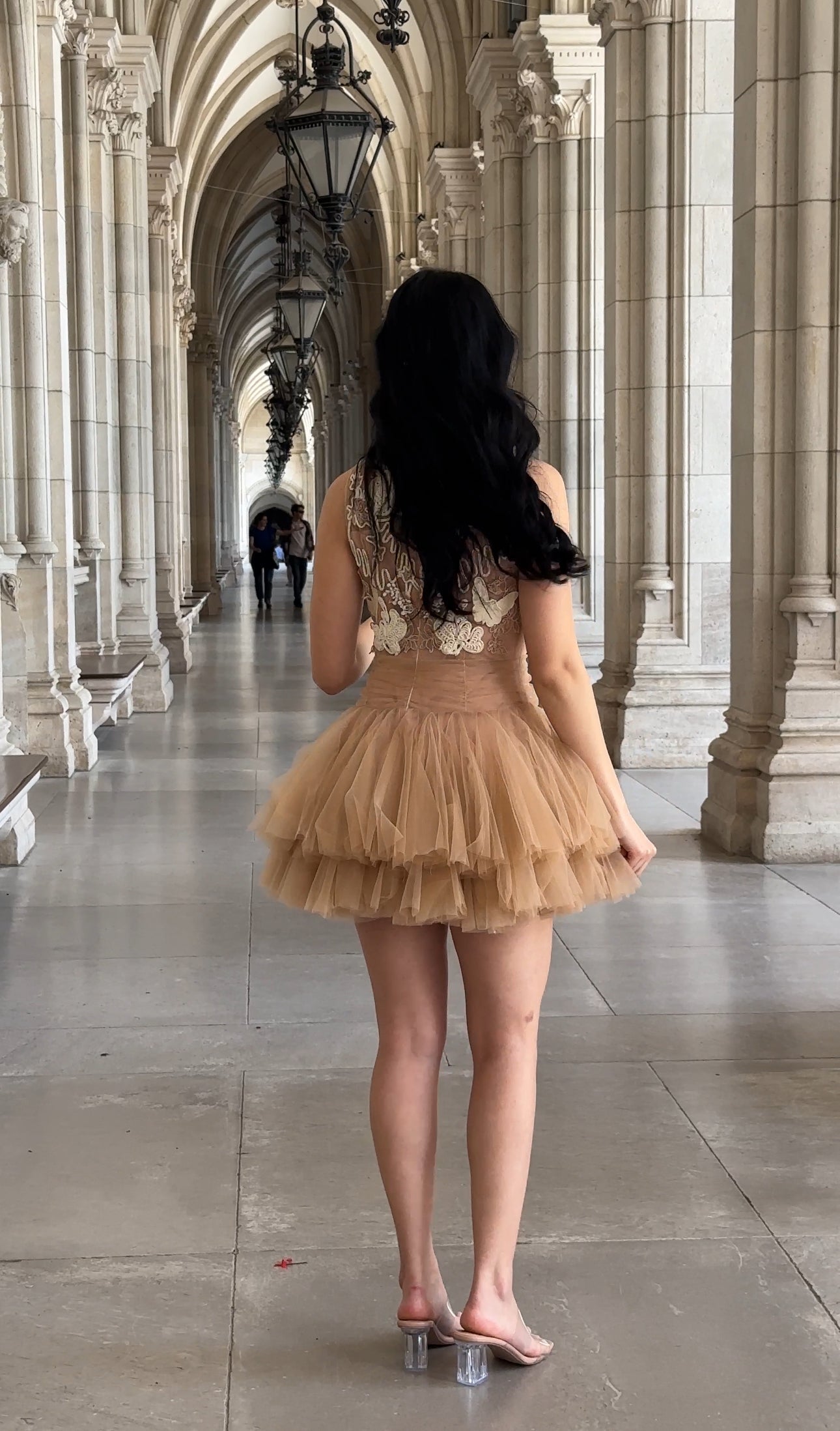 Ballerina |  Beige Tulle Mini Dress with 3D Applique
