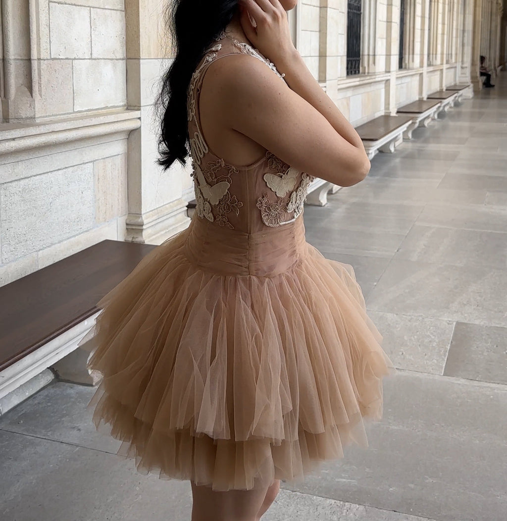 Ballerina |  Beige Tulle Mini Dress with 3D Applique