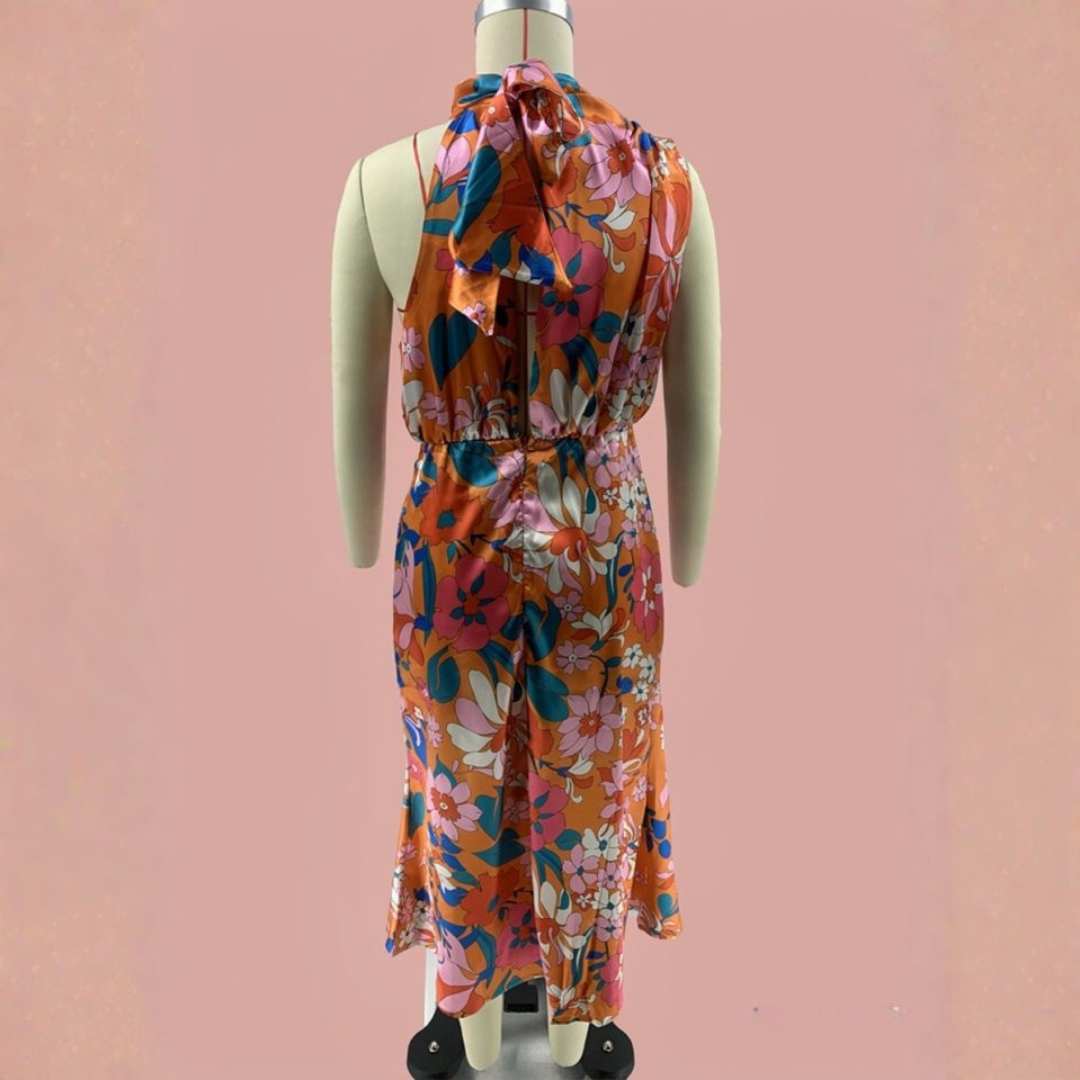 Fascinating Day Floral Halter Neck Elastic Waist Maxi Dress