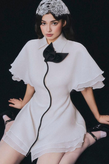 White Chiffon Mini Dress - Layered Ruffle Trim Shirt Dress