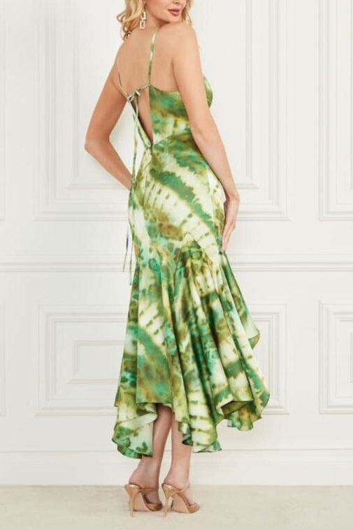 marciano waterfall printed satin midi dress in green