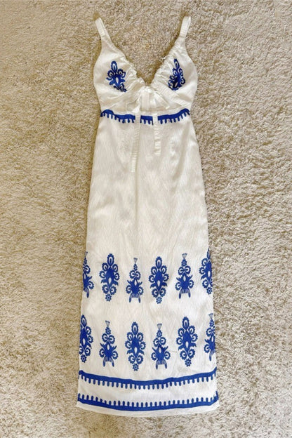 Front Tie V-Neck Ethnic Blue Print Spaghetti Strap Midi Dress