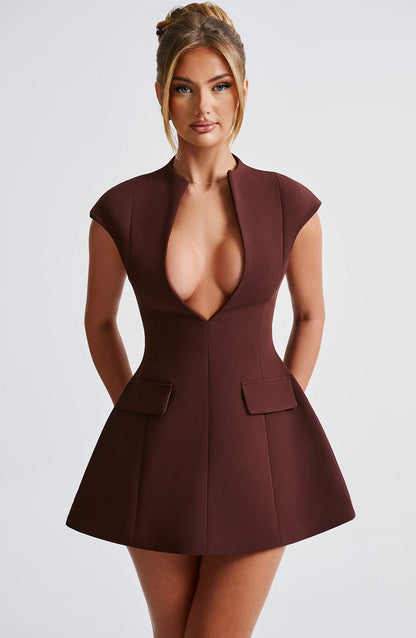 Suri Brown Mini Dress - Elegant Satin Party Dress
