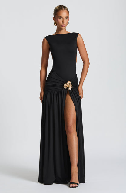 Tori pleated high slit Bodysuit - Black
