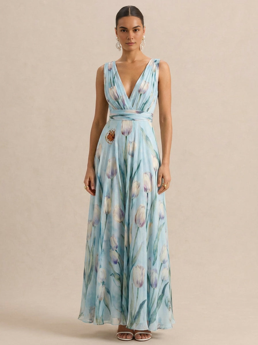 v-neck Tulip Print Chiffon Maxi Dress - blue