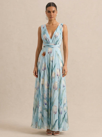 v-neck Tulip Print Chiffon Maxi Dress - blue