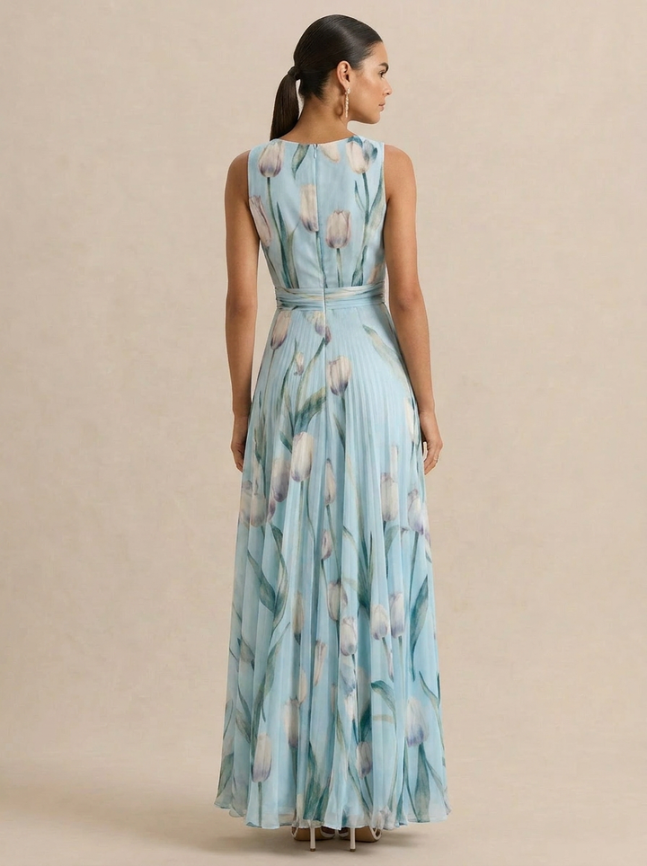 v-neck Tulip Print Chiffon Maxi Dress - blue