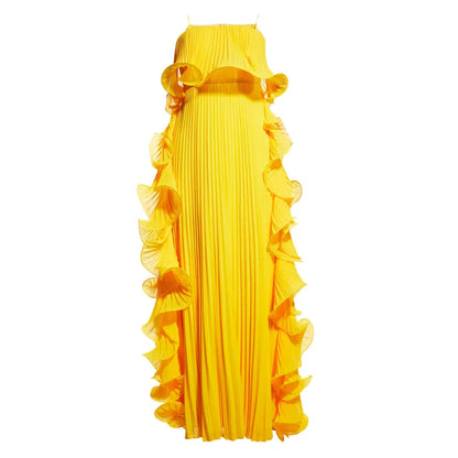 Off-Shoulder Pleated Frill Maxi Dress - Yellow