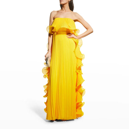 Off-Shoulder Pleated Frill Maxi Dress - Yellow
