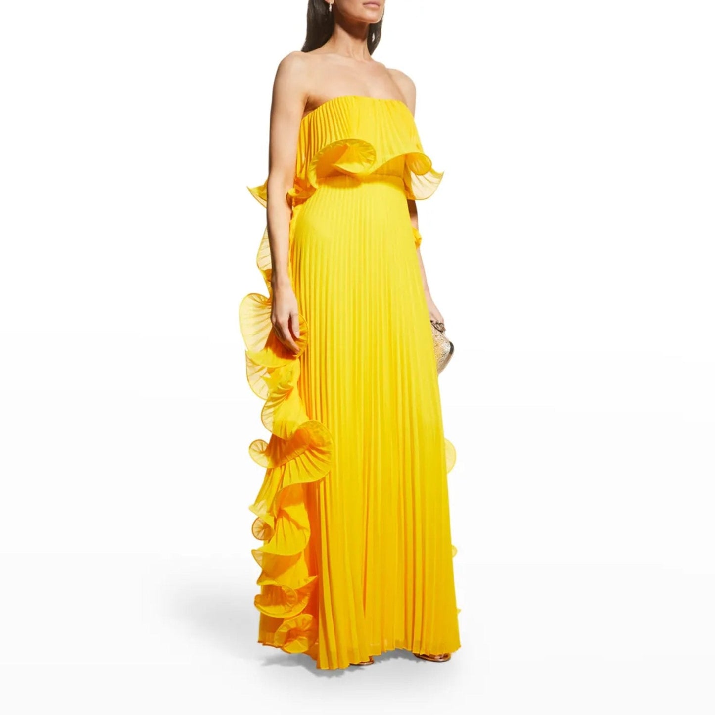 Off-Shoulder Pleated Frill Maxi Dress - Yellow