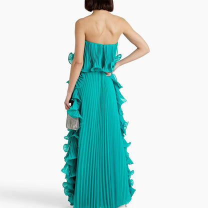 Off-Shoulder Pleated Frill Maxi Dress - Green