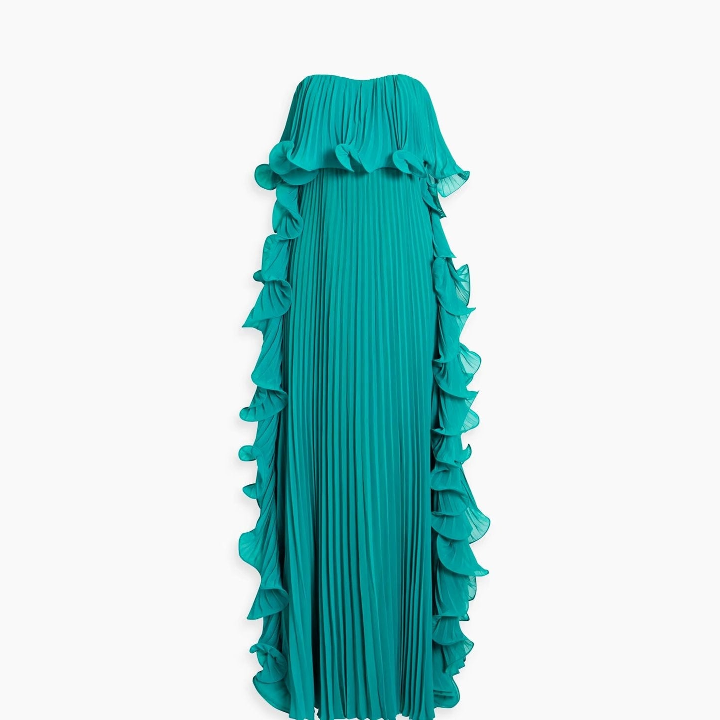 Off-Shoulder Pleated Frill Maxi Dress - Green