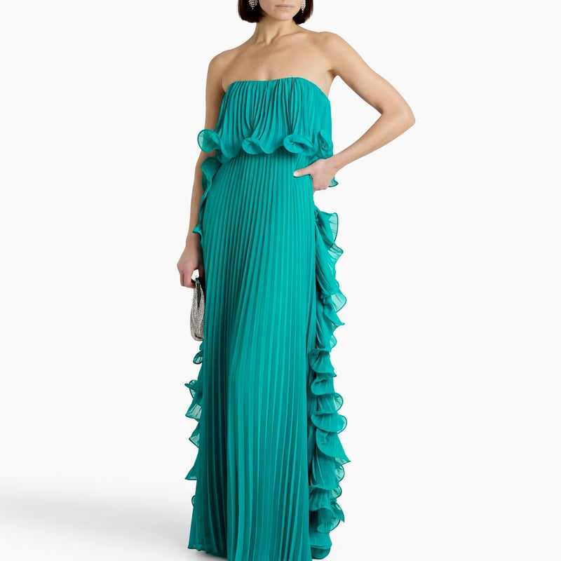 Off-Shoulder Pleated Frill Maxi Dress - Green