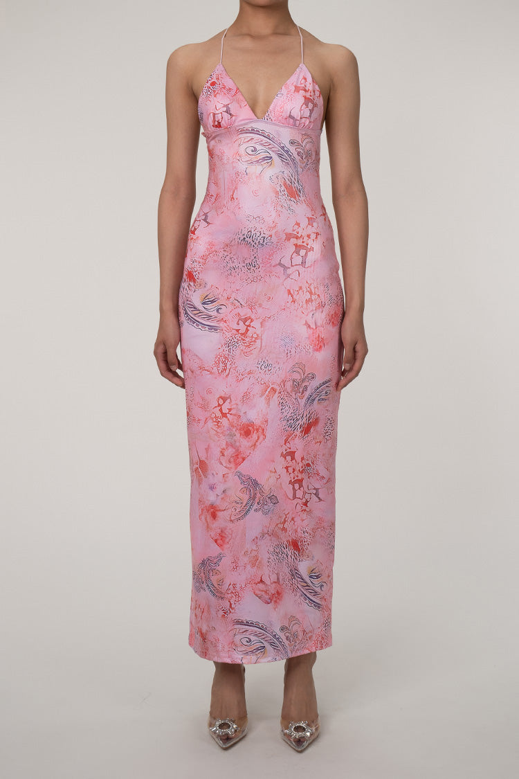 Printed Strappy Butterfly Backless Plunge Sheath Slip Maxi Dress