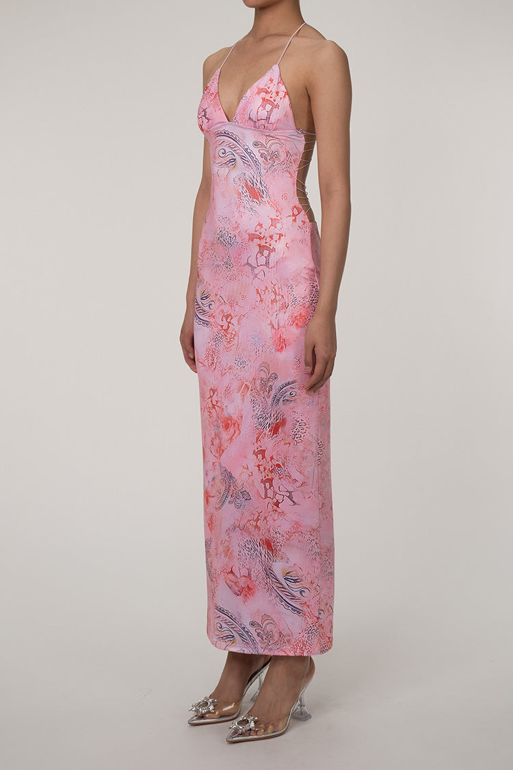 Printed Strappy Butterfly Backless Plunge Sheath Slip Maxi Dress