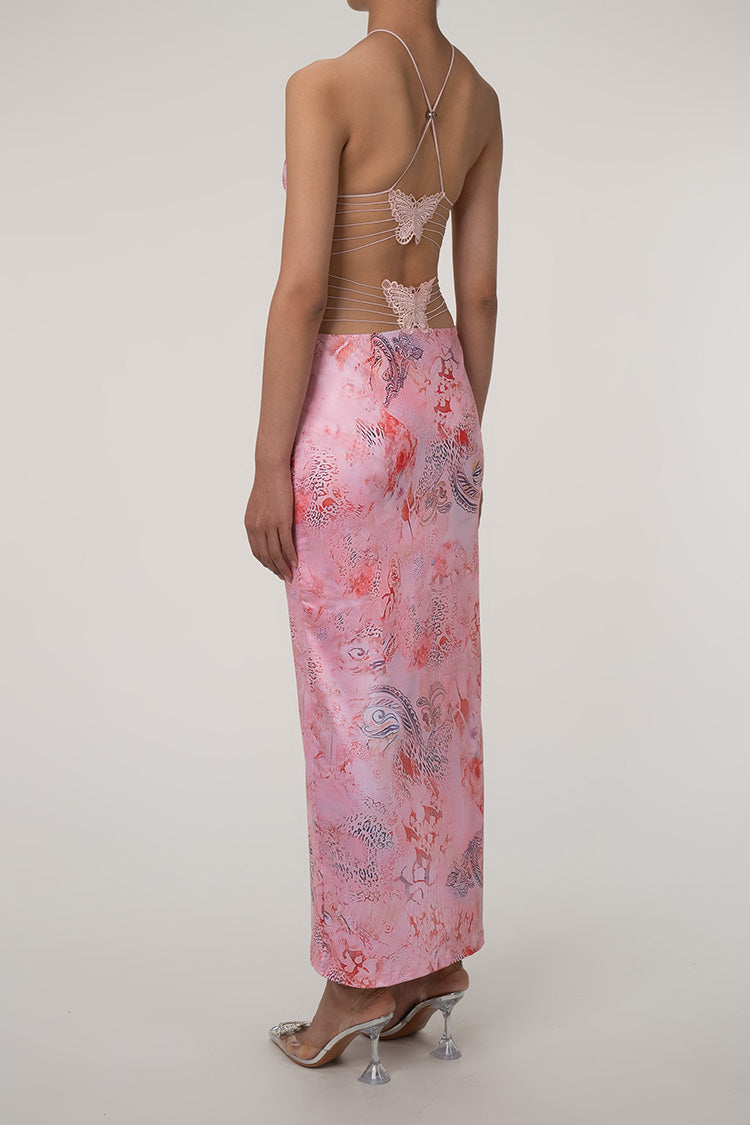 Printed Strappy Butterfly Backless Plunge Sheath Slip Maxi Dress